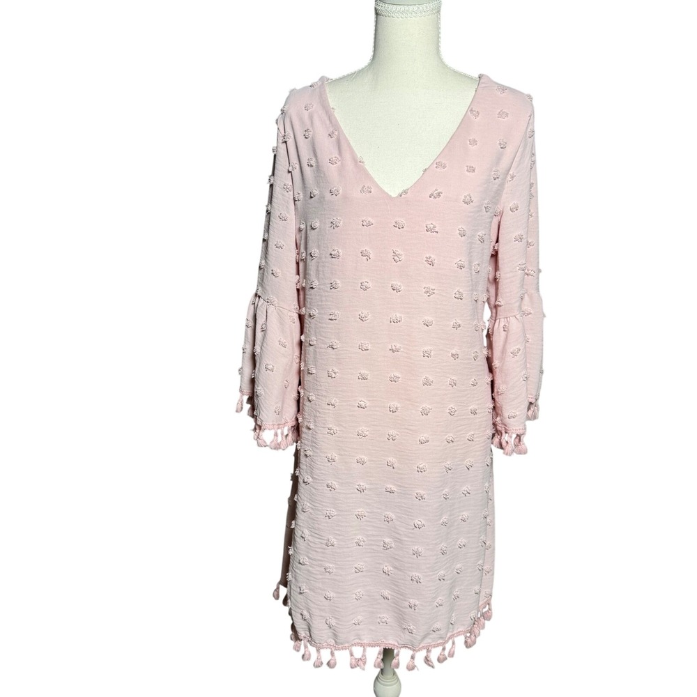 Chicme Swiss Dot Tassel Shift Dress Womens Small Pink Boho Bell Sleeve